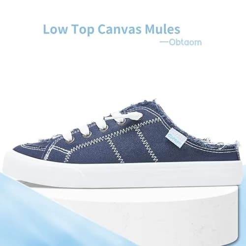 Obtaom Women's Canvas Mule Sneakers Navy US 8 | Memory Foam Slip-on Backless Holiday Shoes thumbnail 4
