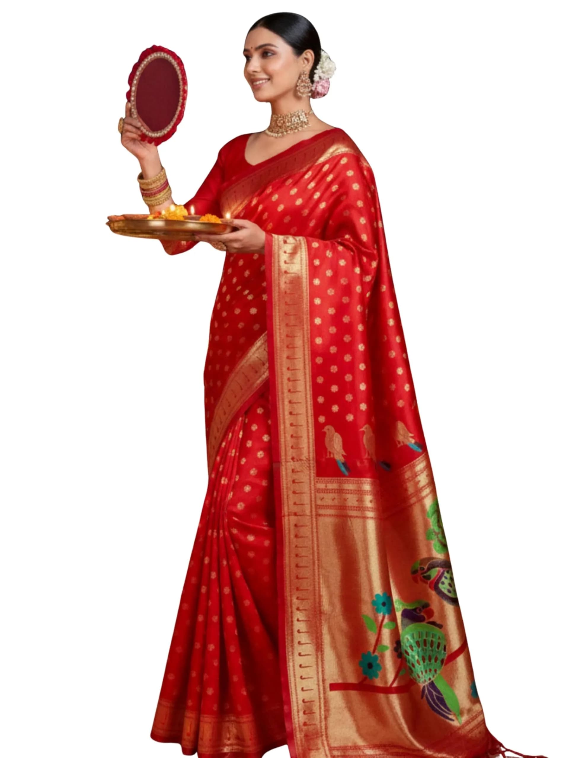 EthnicJunction Women's Silk Blend Paithani Saree with Blouse Piece, Red, 5.5m (18 ft) | Traditional Indian Festive Wear