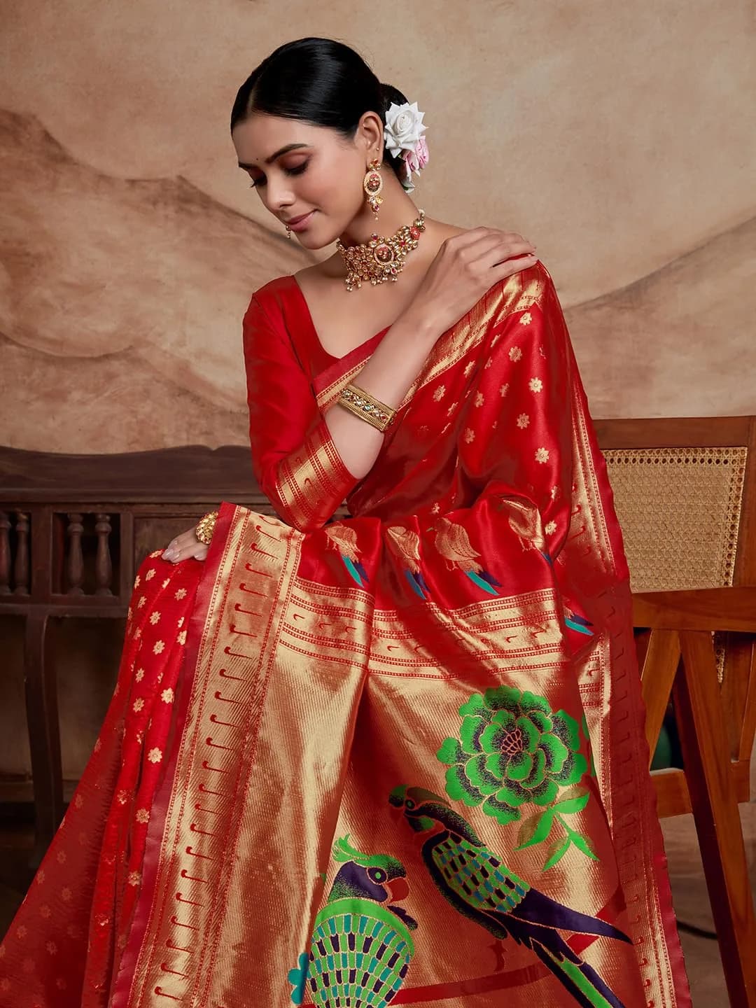 EthnicJunction Women's Silk Blend Paithani Saree with Blouse Piece, Red, 5.5m (18 ft) | Traditional Indian Festive Wear - view 5