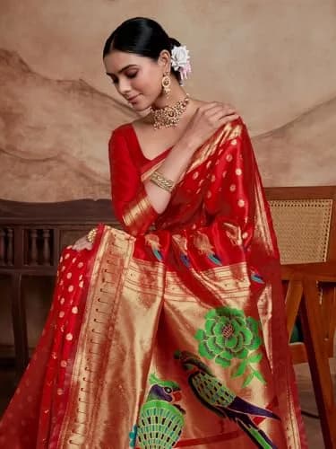 EthnicJunction Women's Silk Blend Paithani Saree with Blouse Piece, Red, 5.5m (18 ft) | Traditional Indian Festive Wear thumbnail 5