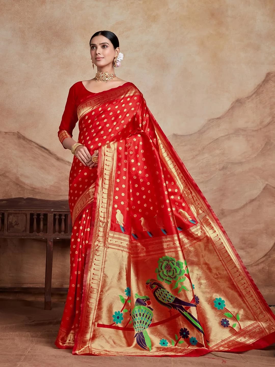 EthnicJunction Women's Silk Blend Paithani Saree with Blouse Piece, Red, 5.5m (18 ft) | Traditional Indian Festive Wear - view 6