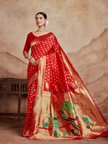 EthnicJunction Women's Silk Blend Paithani Saree with Blouse Piece, Red, 5.5m (18 ft) | Traditional Indian Festive Wear thumbnail 6