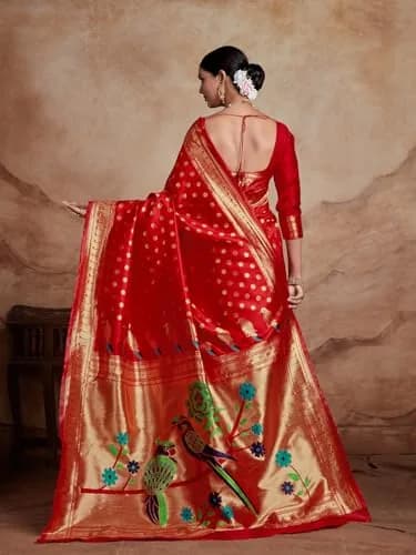 EthnicJunction Women's Silk Blend Paithani Saree with Blouse Piece, Red, 5.5m (18 ft) | Traditional Indian Festive Wear thumbnail 7
