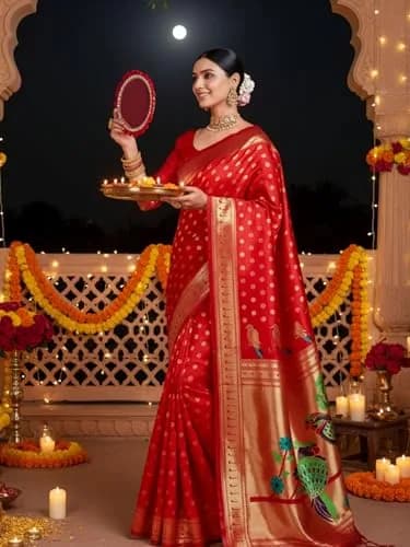 EthnicJunction Women's Silk Blend Paithani Saree with Blouse Piece, Red, 5.5m (18 ft) | Traditional Indian Festive Wear thumbnail 2
