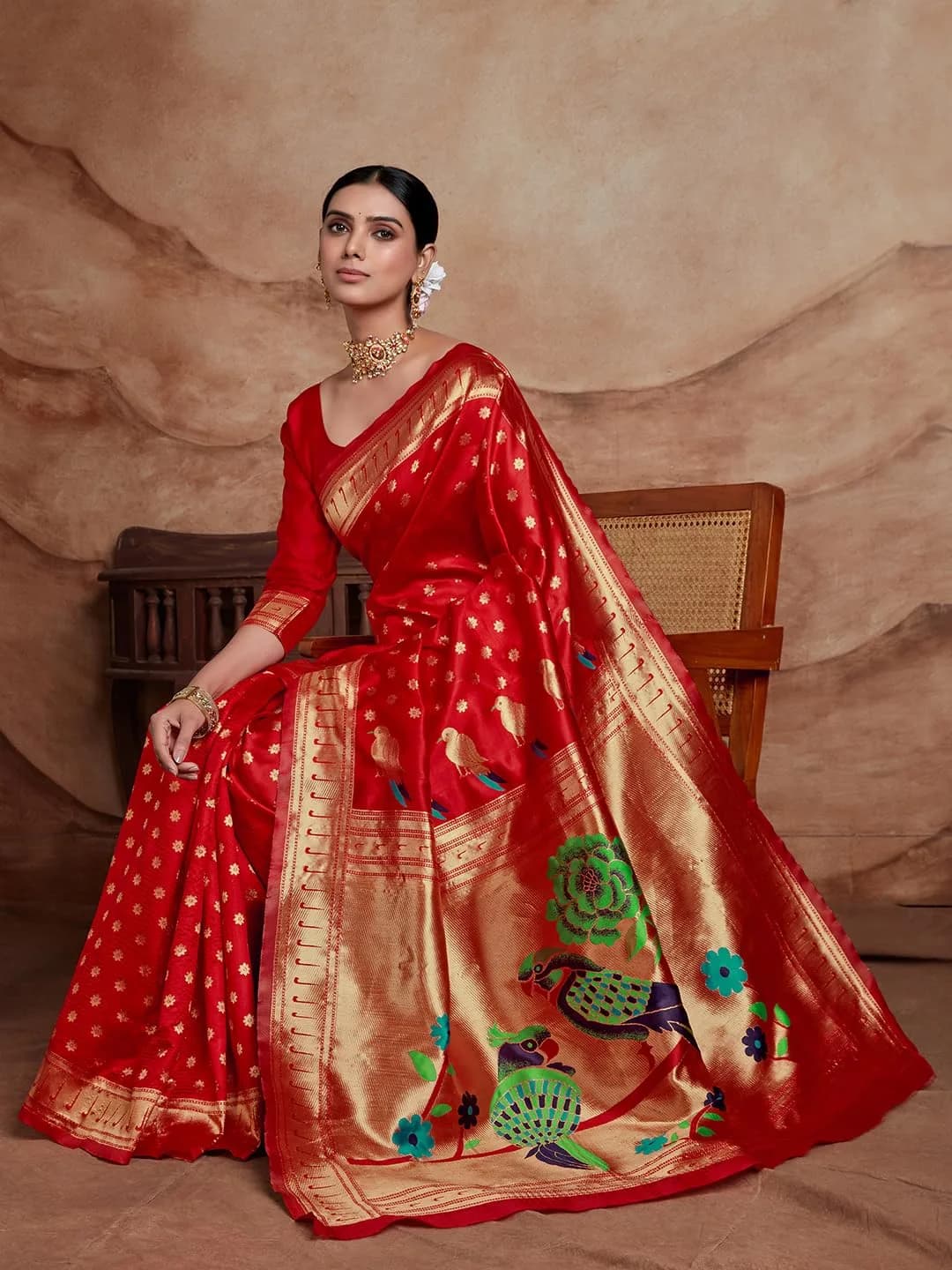 EthnicJunction Women's Silk Blend Paithani Saree with Blouse Piece, Red, 5.5m (18 ft) | Traditional Indian Festive Wear - view 3
