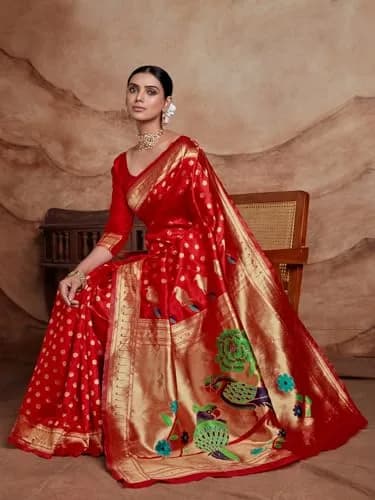 EthnicJunction Women's Silk Blend Paithani Saree with Blouse Piece, Red, 5.5m (18 ft) | Traditional Indian Festive Wear thumbnail 3