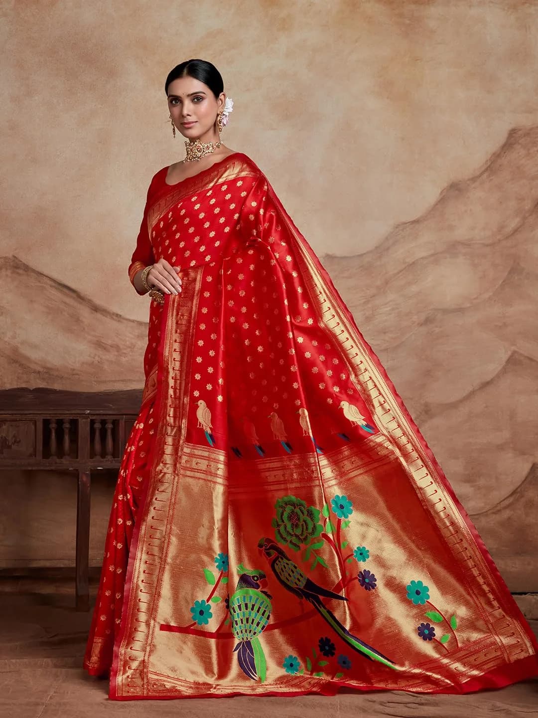 EthnicJunction Women's Silk Blend Paithani Saree with Blouse Piece, Red, 5.5m (18 ft) | Traditional Indian Festive Wear - view 4