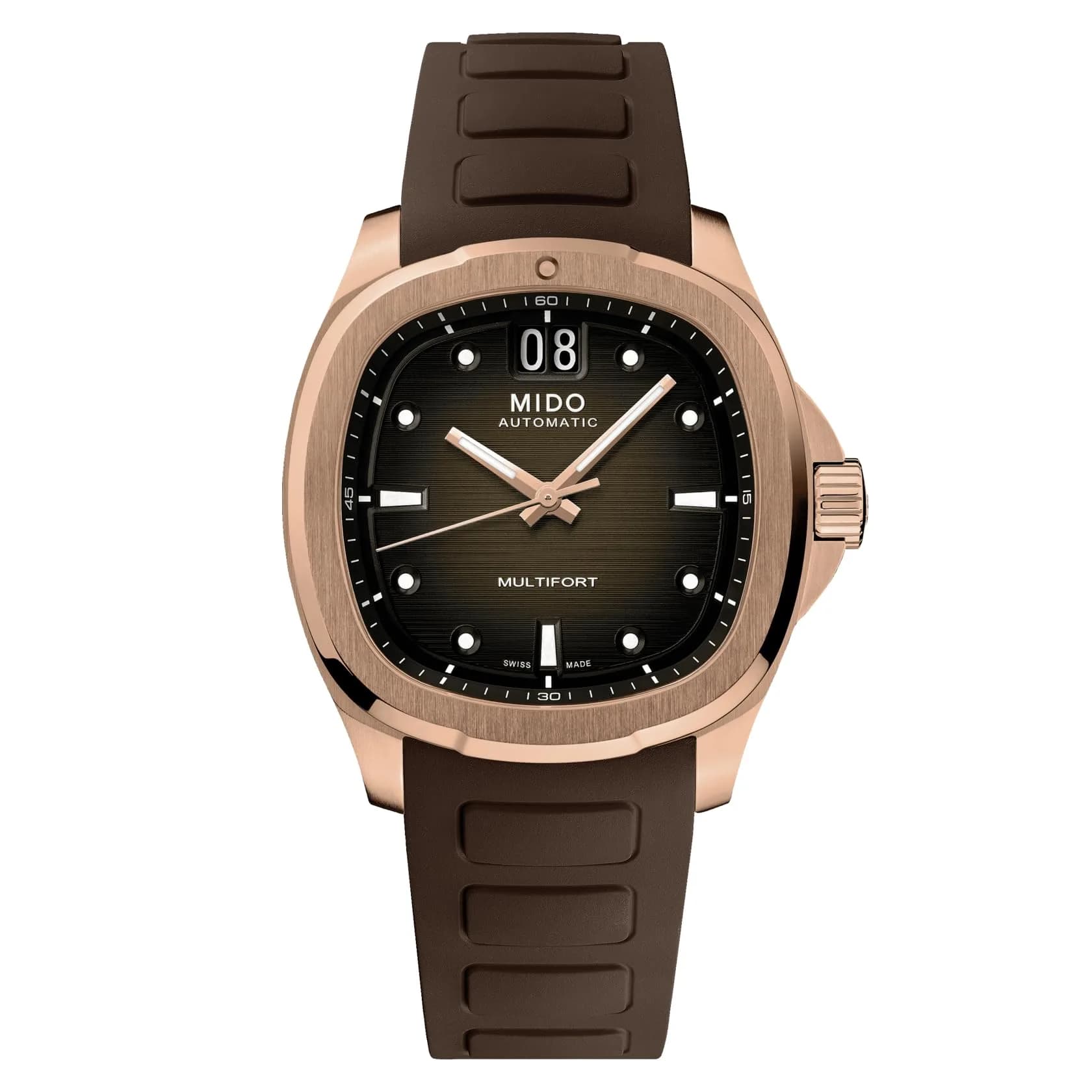 MIDO Multifort TV Big Date Swiss Automatic Watch for Men 40mm Case Brown Dial Brown Rubber Strap — Brown on Brown Rubber