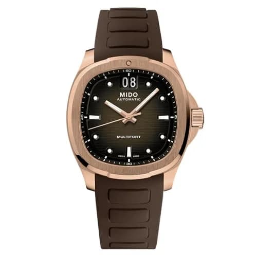 MIDO Multifort TV Big Date Swiss Automatic Watch for Men 40mm Case Brown Dial Brown Rubber Strap thumbnail 1