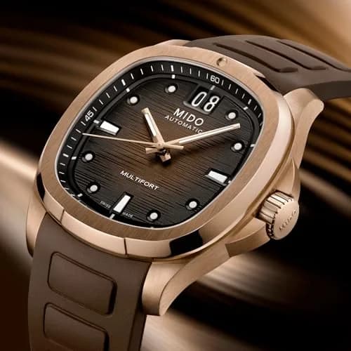 MIDO Multifort TV Big Date Swiss Automatic Watch for Men 40mm Case Brown Dial Brown Rubber Strap thumbnail 3