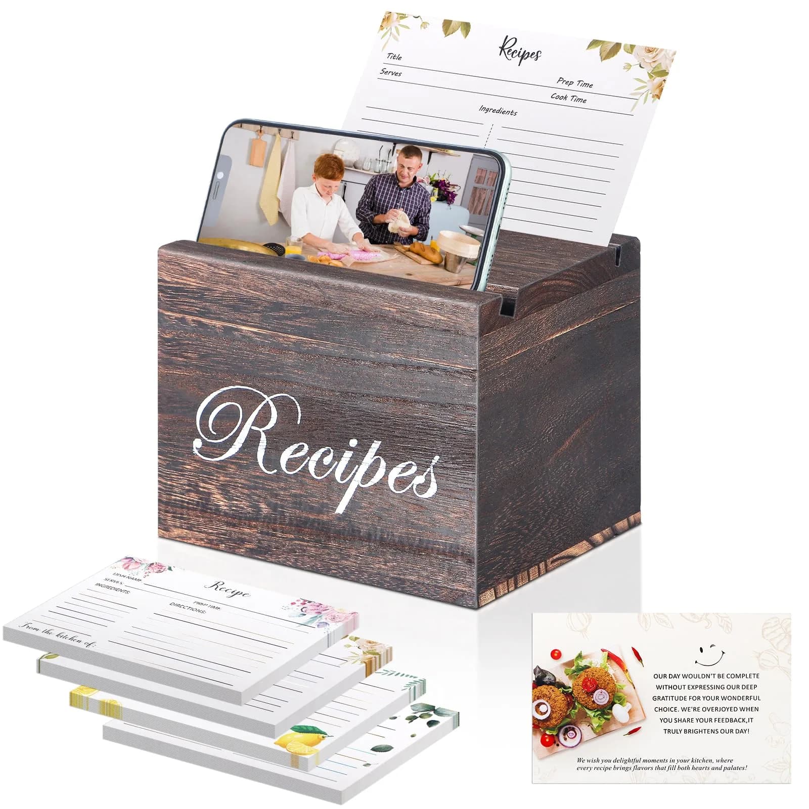 BELO VALE Recipe Box, Wooden Organizer with 61 Recipe Cards | Rustic Kitchen Storage for Home & Gift (120 chars)