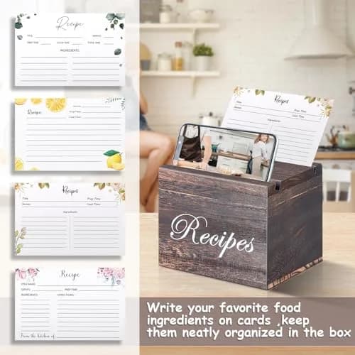 BELO VALE Recipe Box, Wooden Organizer with 61 Recipe Cards | Rustic Kitchen Storage for Home & Gift (120 chars) thumbnail 2