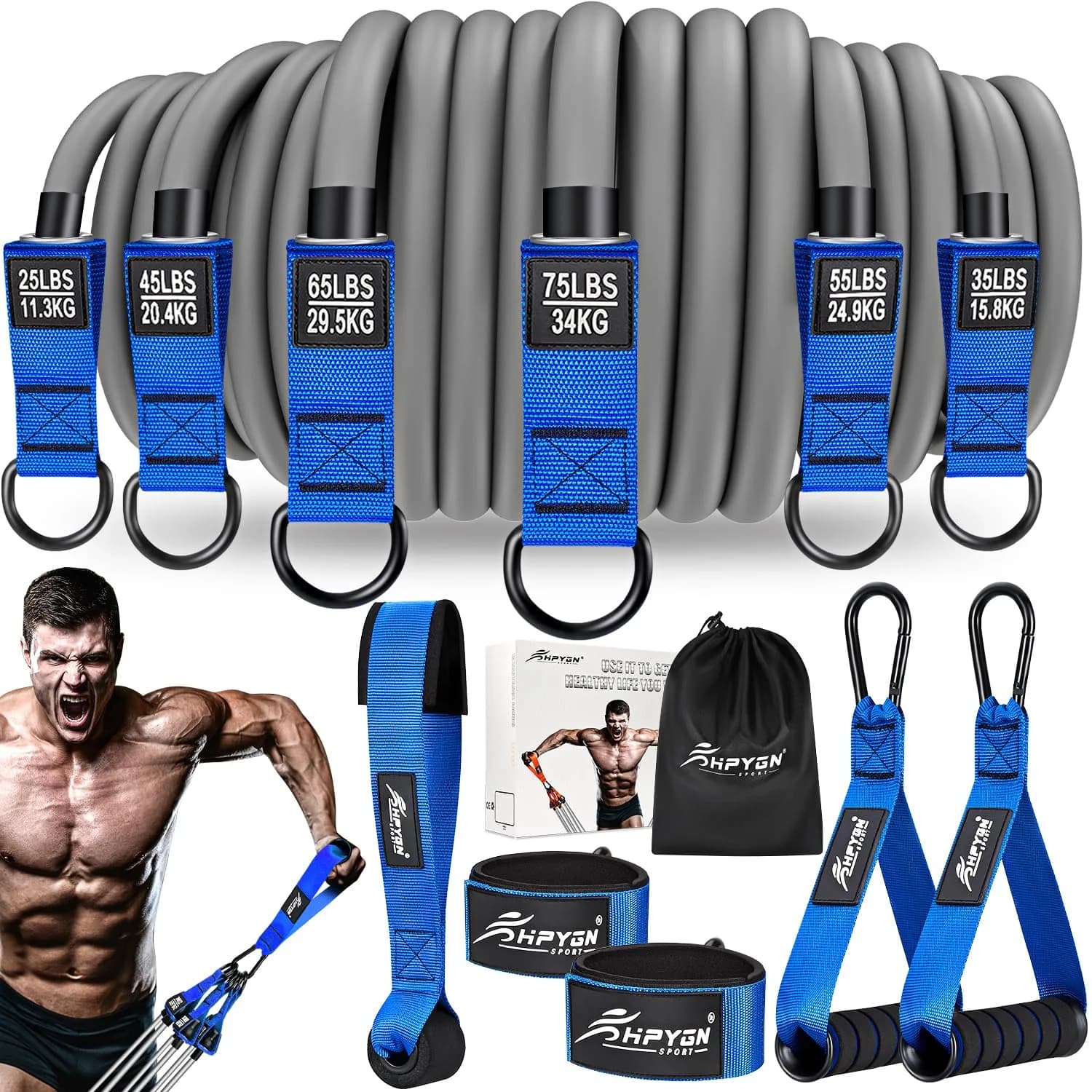 HPYGN 300LBS Blue Resistance Bands Set with Handles, Door Anchor & Ankle Straps for Full Body Strength - main product image