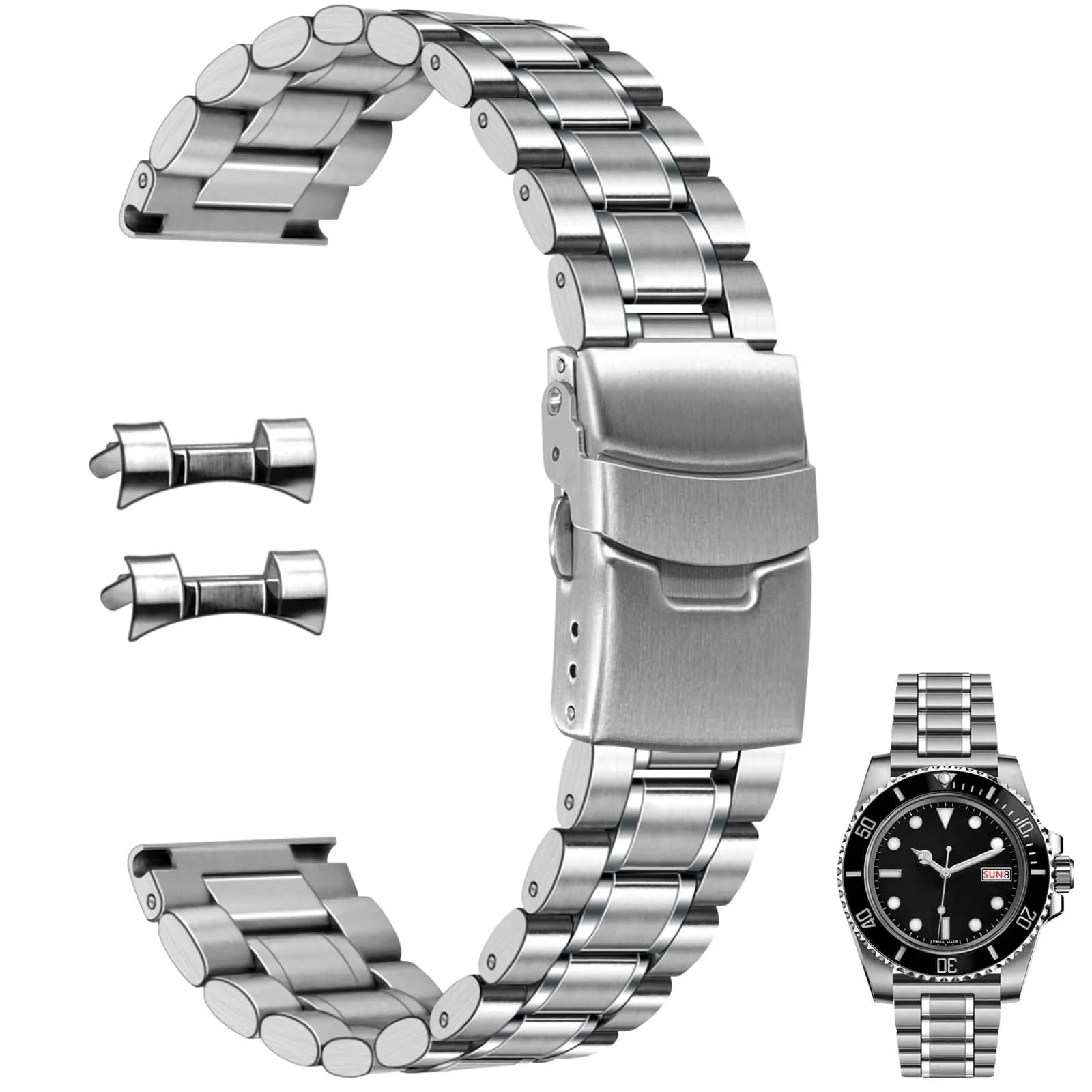 Juntan 20mm Stainless Steel Watch Band Silver | Quick Release Metal Bracelet with Double Folding Buckle — Silver