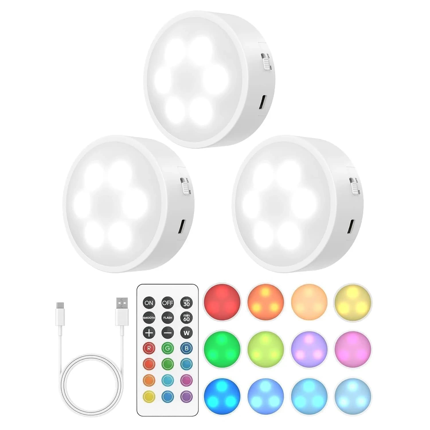 GOODEA.fun Rechargeable Puck Lights with Remote, 13 RGB Colors, 3 Pack | Modern LED Tap Lights for Cabinets & Shelves