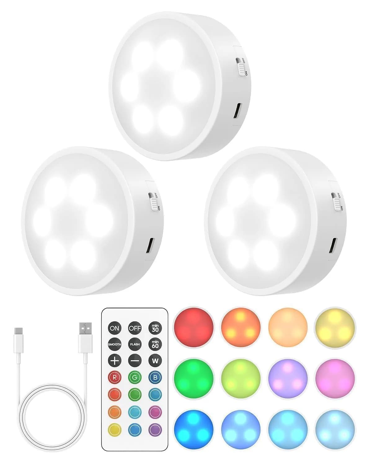 GOODEA.fun Rechargeable Puck Lights with Remote, 13 RGB Colors, 3 Pack | Modern LED Tap Lights for Cabinets & Shelves - main product image