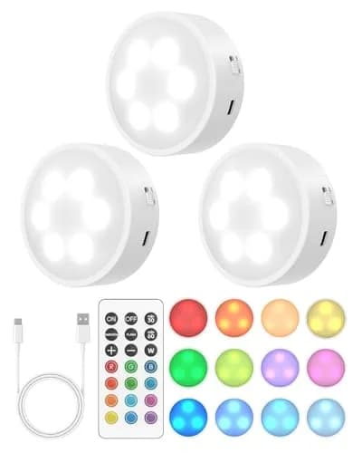 GOODEA.fun Rechargeable Puck Lights with Remote, 13 RGB Colors, 3 Pack | Modern LED Tap Lights for Cabinets & Shelves thumbnail 1