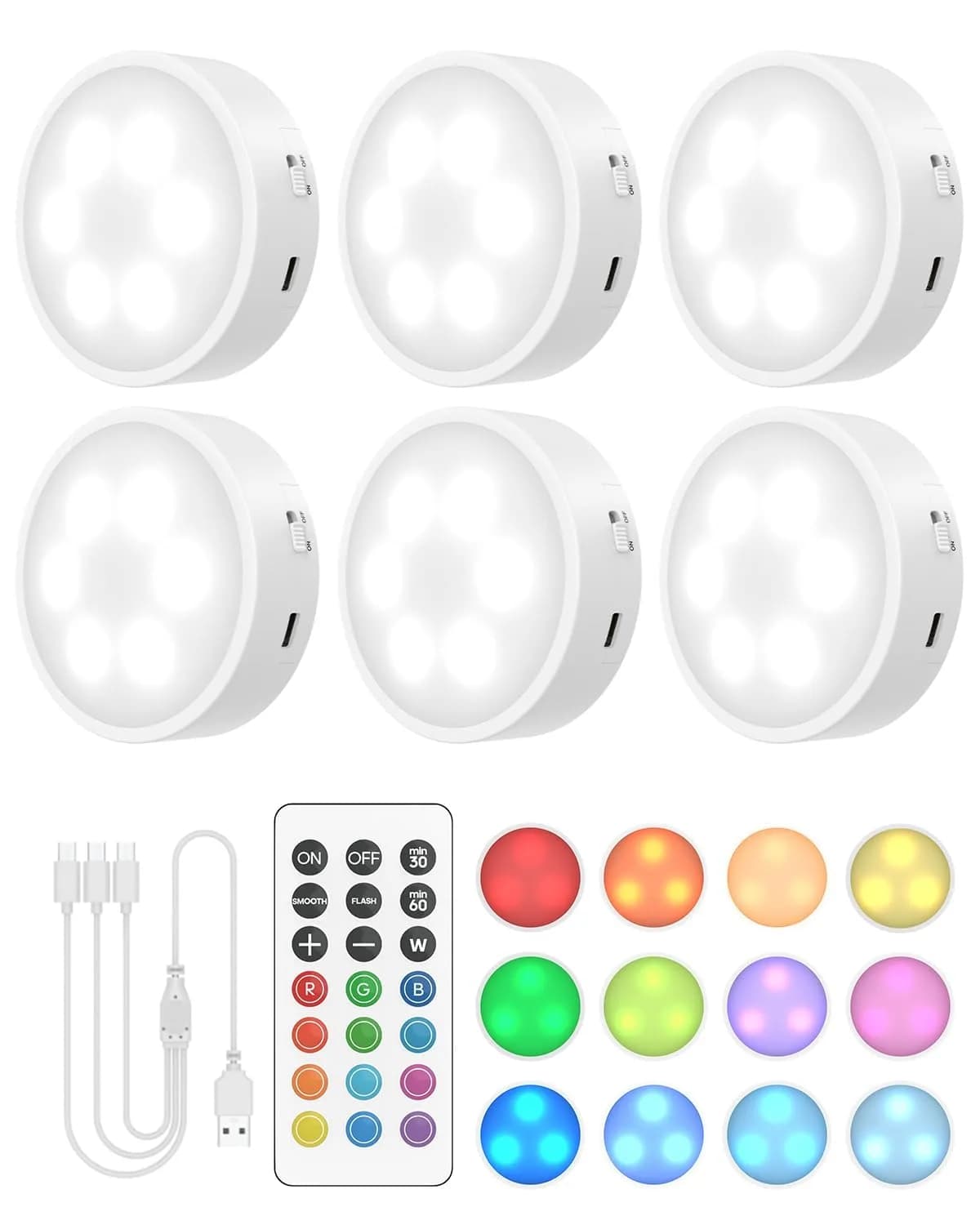 GOODEA.fun Rechargeable Puck Lights with Remote, 6 Pack White & 13 RGB Colors, 8.5cm (3.3in) Diameter