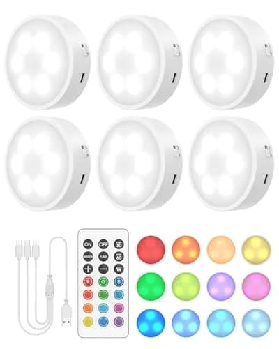 GOODEA.fun Rechargeable Puck Lights with Remote, 6 Pack White & 13 RGB Colors, 8.5cm (3.3in) Diameter thumbnail 1