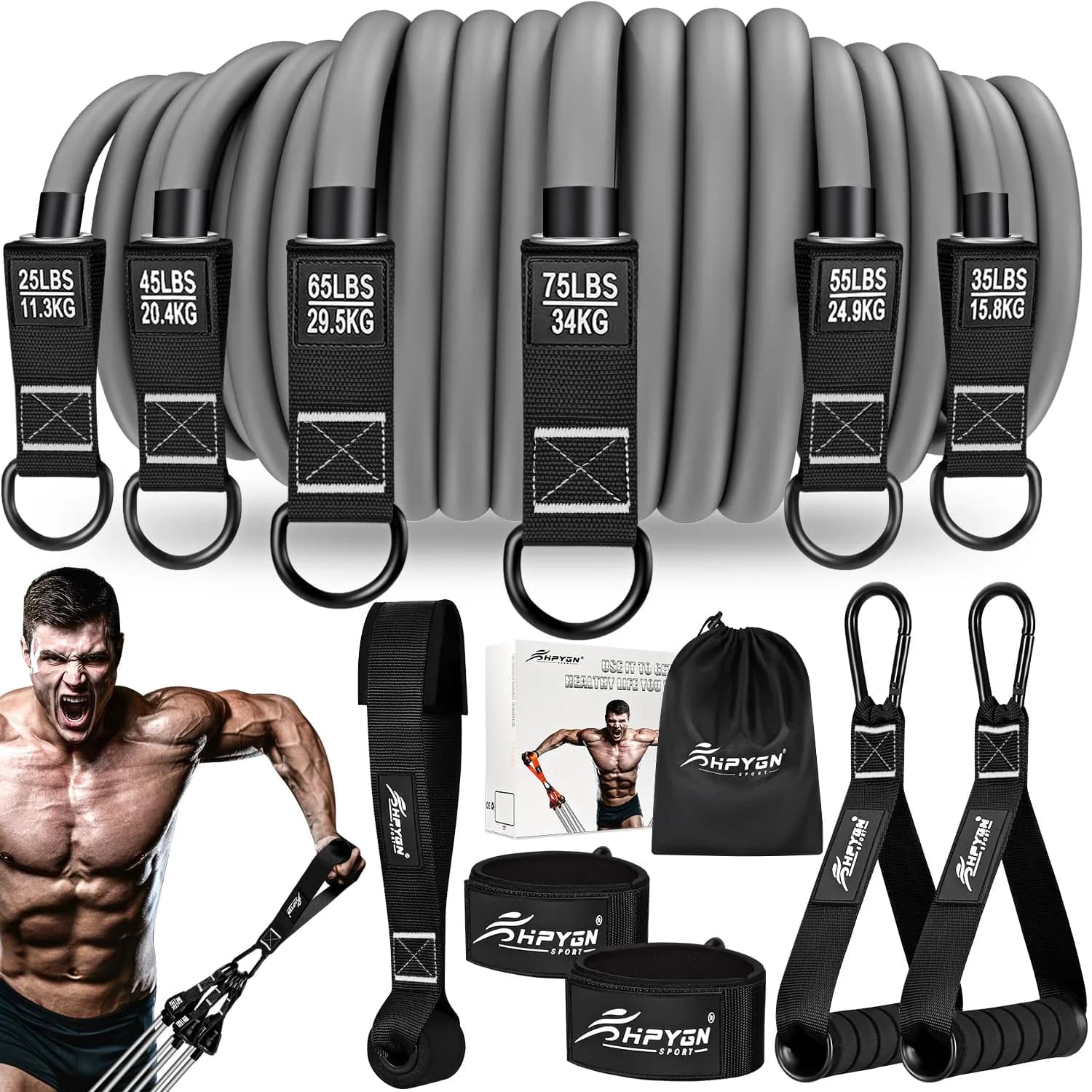 HPYGN 300LBS Black Resistance Bands Set with Handles for Full Body Strength Training - main product image