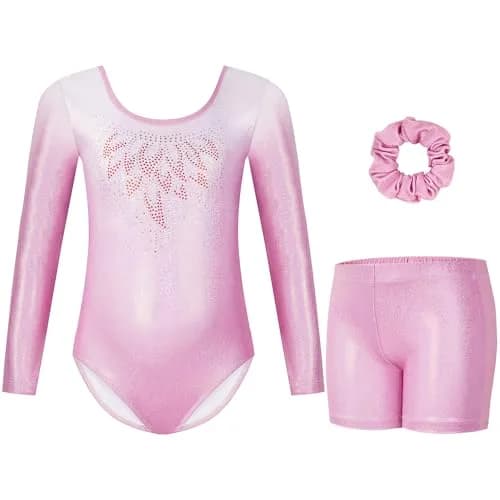Gogokids Girls Long Sleeve 3 Pcs Gymnastics Leotard Set with Shorts | Sparkling Rhinestone Design for Activewear (70-120 chars) thumbnail 1