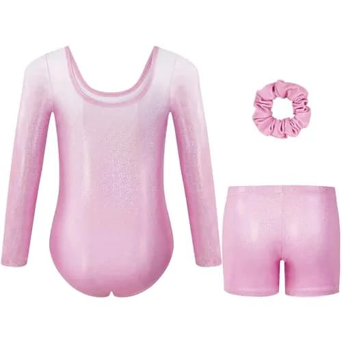 Gogokids Girls Long Sleeve 3 Pcs Gymnastics Leotard Set with Shorts | Sparkling Rhinestone Design for Activewear (70-120 chars) thumbnail 2