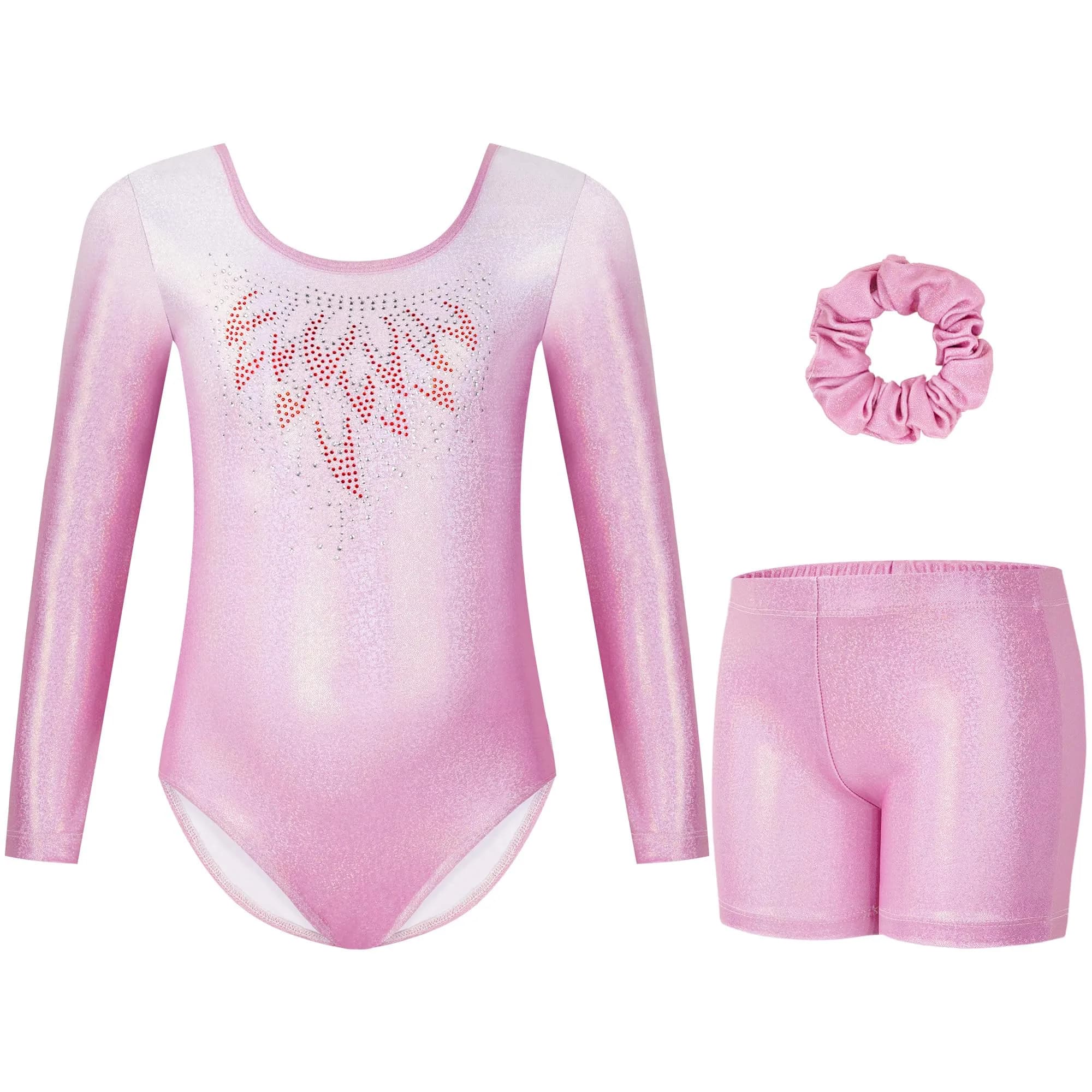 Gogokids Girls Long Sleeve 3 Pcs Gymnastics Leotard Set with Shorts | Sparkling Rhinestone Design for Activewear (70-120 chars) - main product image