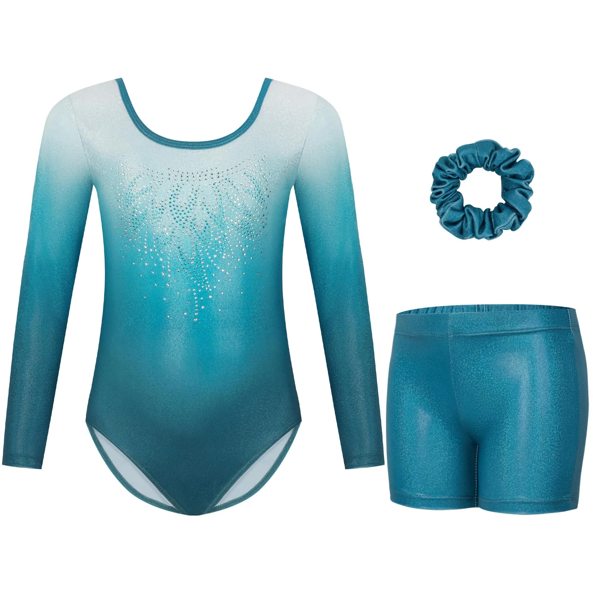 Gogokids Girls Long Sleeve 3 Pcs Gymnastics Leotard Set with Shorts | Sparkling Rhinestone Design for Activewear (70-120c)