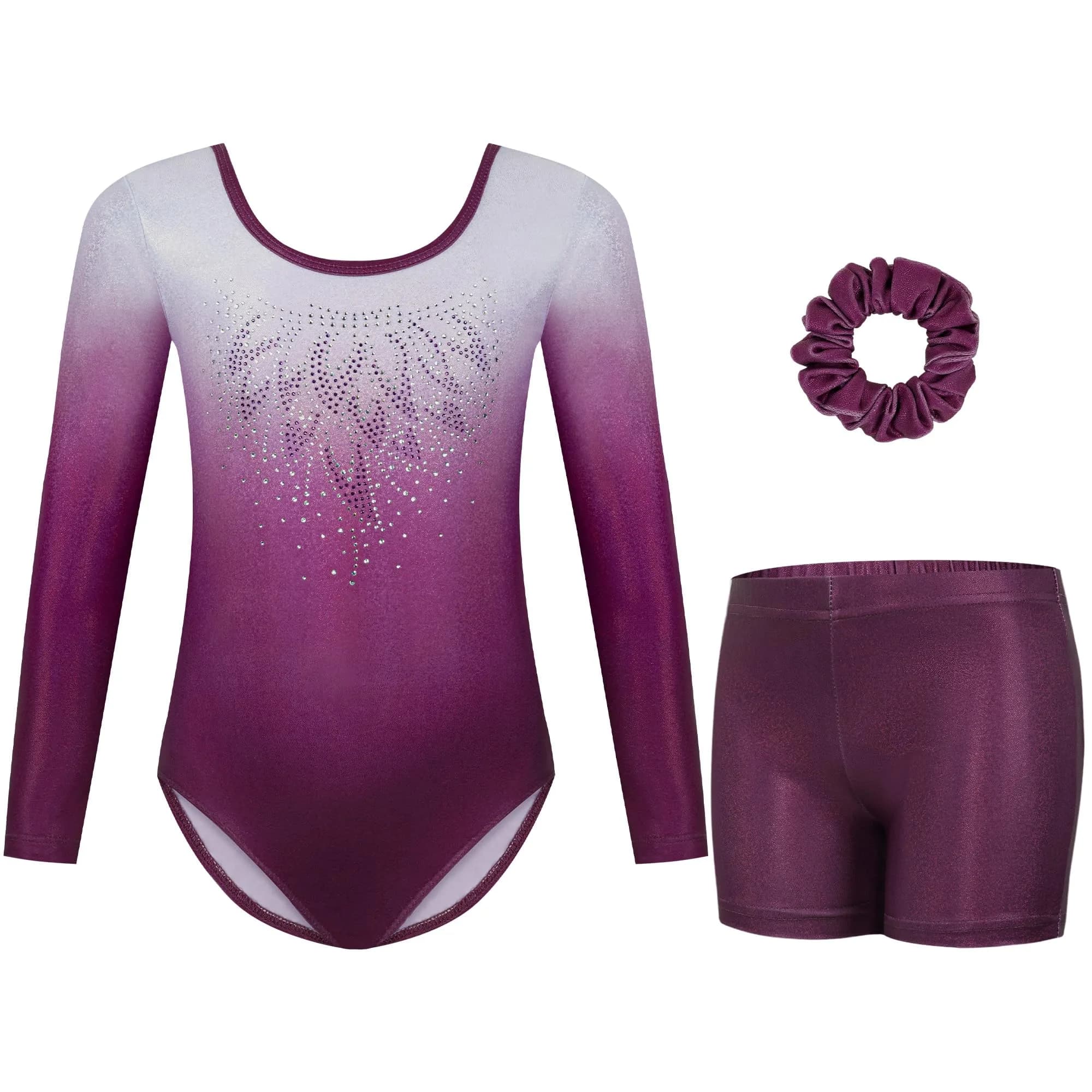 Gogokids Girls Long Sleeve 3-Piece Gymnastics Leotard Set with Shorts & Hairband, 90-150cm (3-12 Years) — A-purple