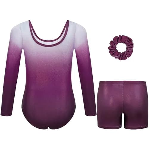 Gogokids Girls Long Sleeve Gymnastics Leotard Set with Shorts & Hairband, 8-9 Years (Purple) thumbnail 2