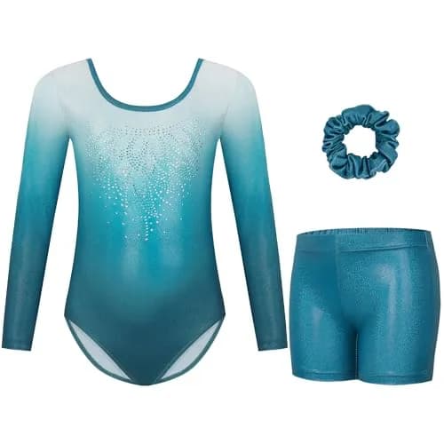 Gogokids Girls Long Sleeve 3-Piece Gymnastics Leotard Set with Shorts & Hairband, 90-150cm (3-12 Years) thumbnail 1