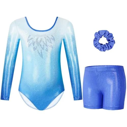 Gogokids Girls Long Sleeve 3 Pcs Gymnastics Leotard Set with Shorts | Breathable, Stretchy & Sparkling Rhinestones (70-120 chars) thumbnail 1