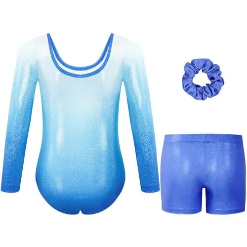 Gogokids Girls Long Sleeve 3 Pcs Gymnastics Leotard Set with Shorts | Breathable, Stretchy & Sparkling Rhinestones (70-120 chars) thumbnail 2