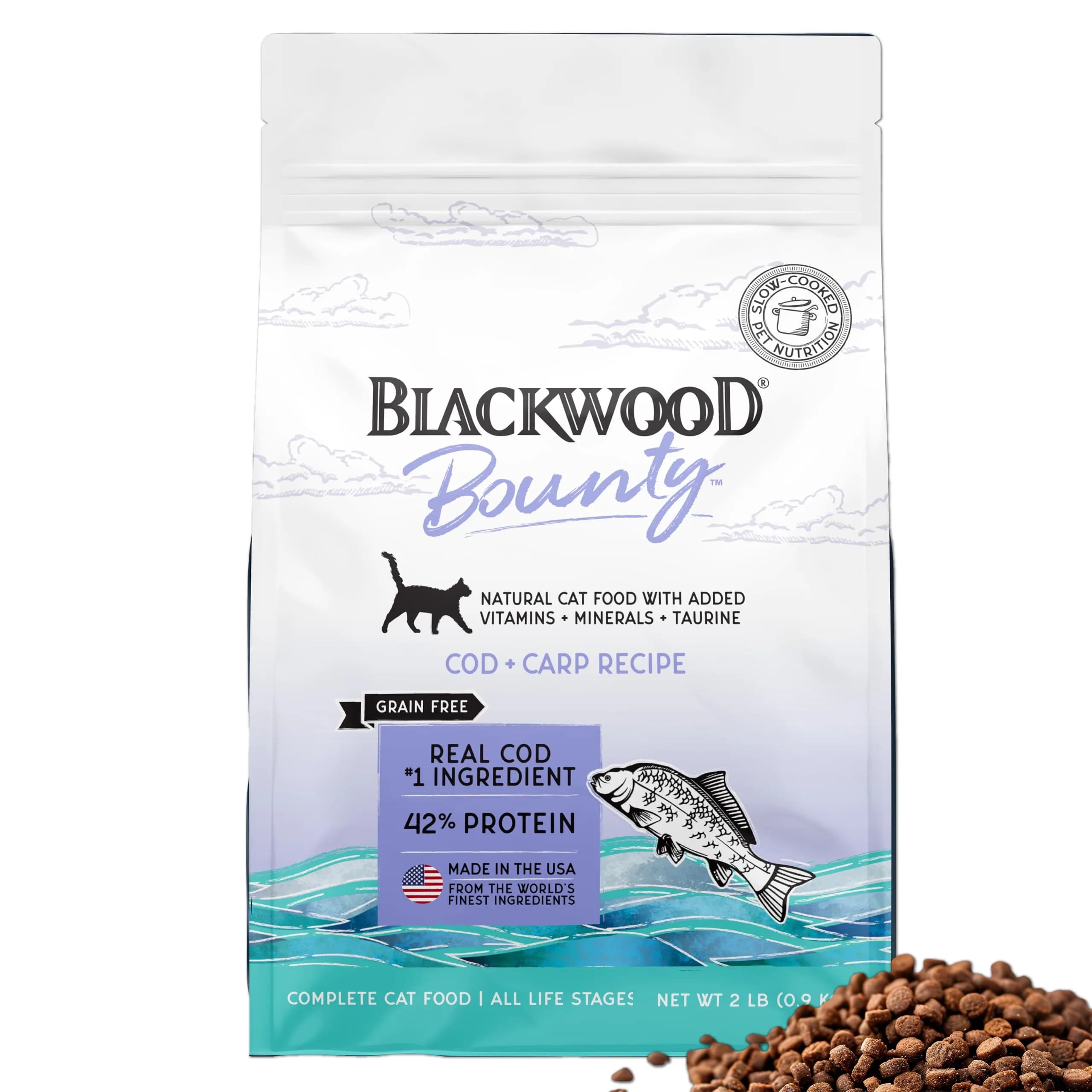 Blackwood Bounty Dry Cat Food, Cod & Carp Recipe, 2 lb | Slow Cooked, High Protein, Grain-Free Nutrition - main product image
