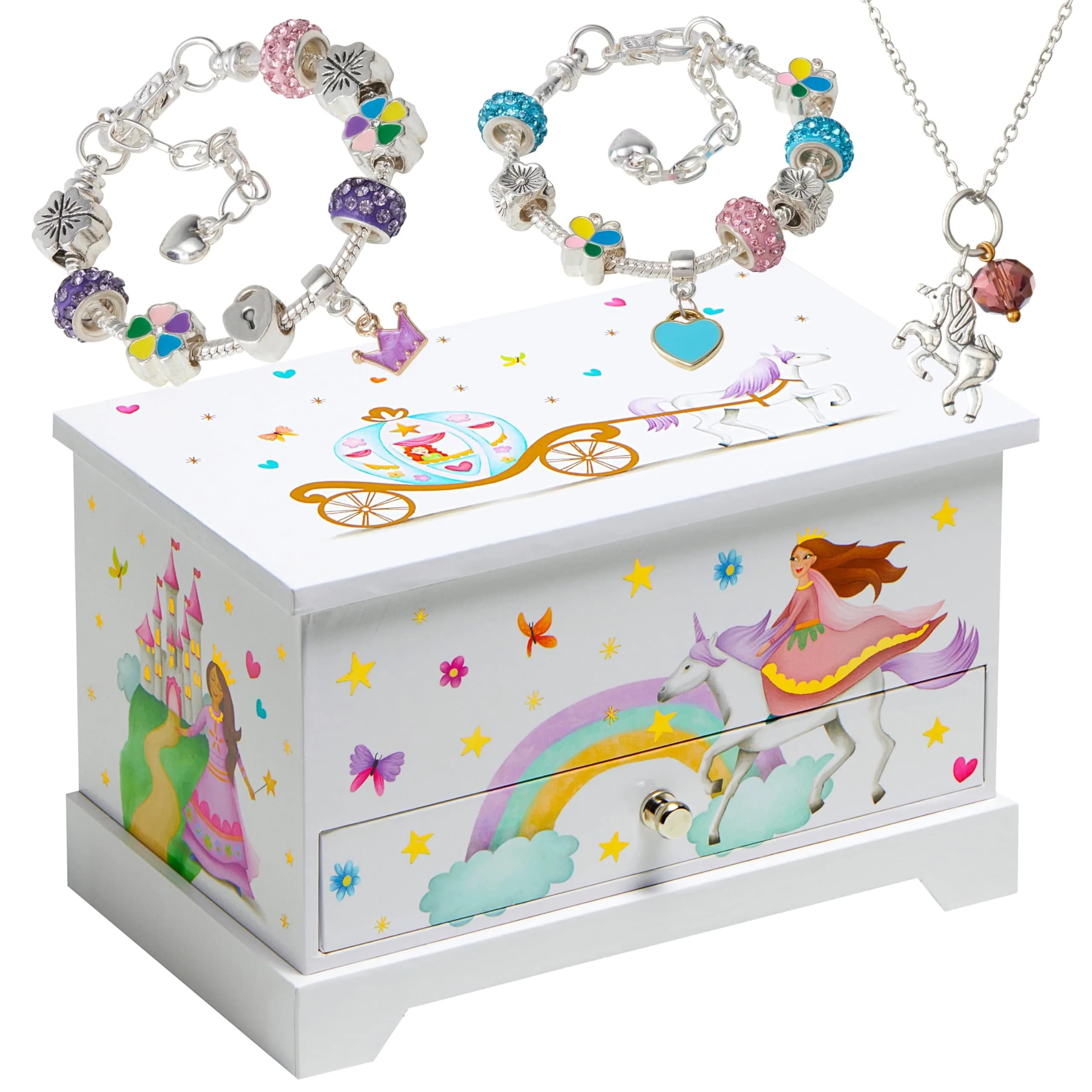 ABI + OLIE Kids Musical Jewelry Box for Girls 8-12 - Princess Castle Unicorn Theme with Charm Bracelets & Necklace, 18.5cm x 11.4cm x 10.9cm
