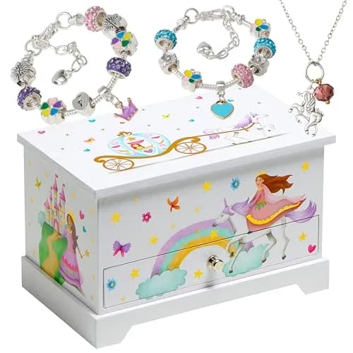 ABI + OLIE Kids Musical Jewelry Box for Girls 8-12 - Princess Castle Unicorn Theme with Charm Bracelets & Necklace, 18.5cm x 11.4cm x 10.9cm thumbnail 1