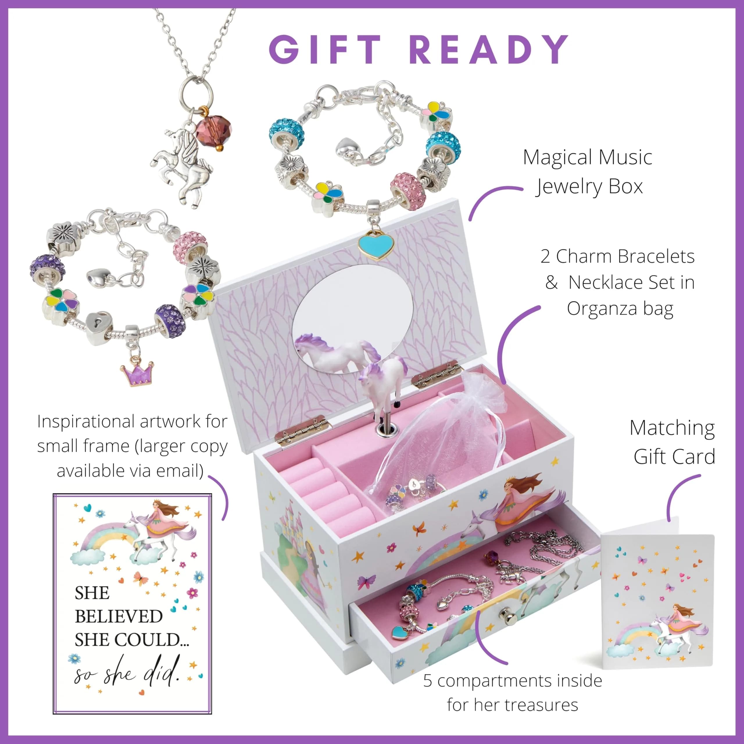 ABI + OLIE Kids Musical Jewelry Box for Girls 8-12 - Princess Castle Unicorn Theme with Charm Bracelets & Necklace, 18.5cm x 11.4cm x 10.9cm - view 2
