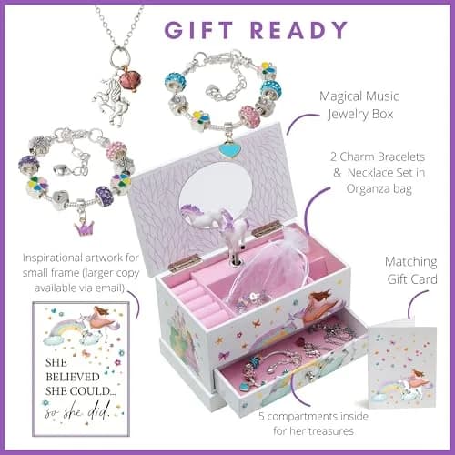 ABI + OLIE Kids Musical Jewelry Box for Girls 8-12 - Princess Castle Unicorn Theme with Charm Bracelets & Necklace, 18.5cm x 11.4cm x 10.9cm thumbnail 2