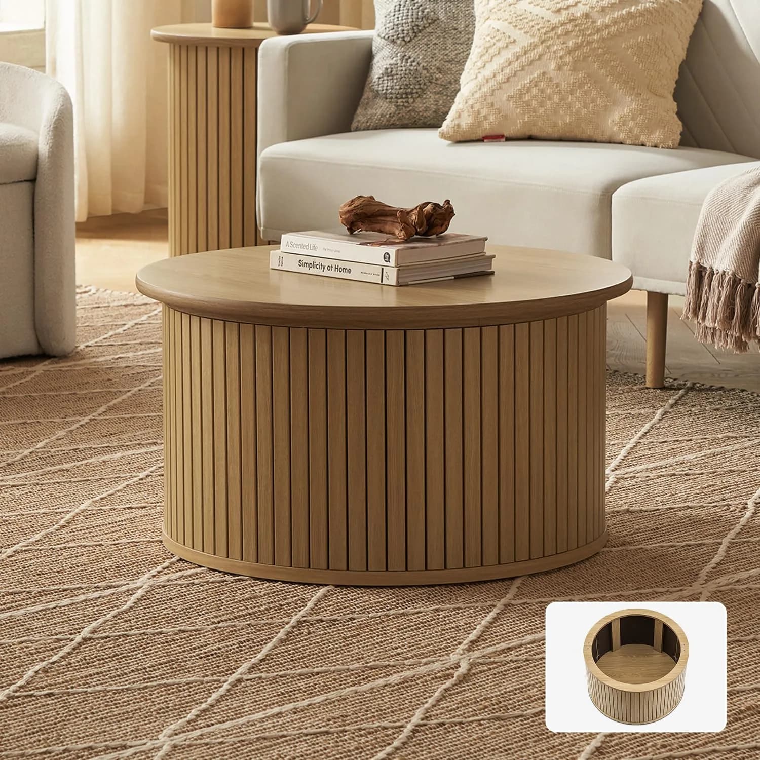 mopio Dylan Solid Wood Nesting Coffee Table Set (Mango Wood Oak, Round) | Modern Rustic Farmhouse Style — Oak