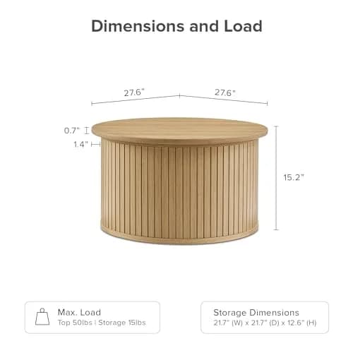 mopio Quin Tambour Round Circle Coffee Table with Storage | Mid Century Modern Oak thumbnail 2
