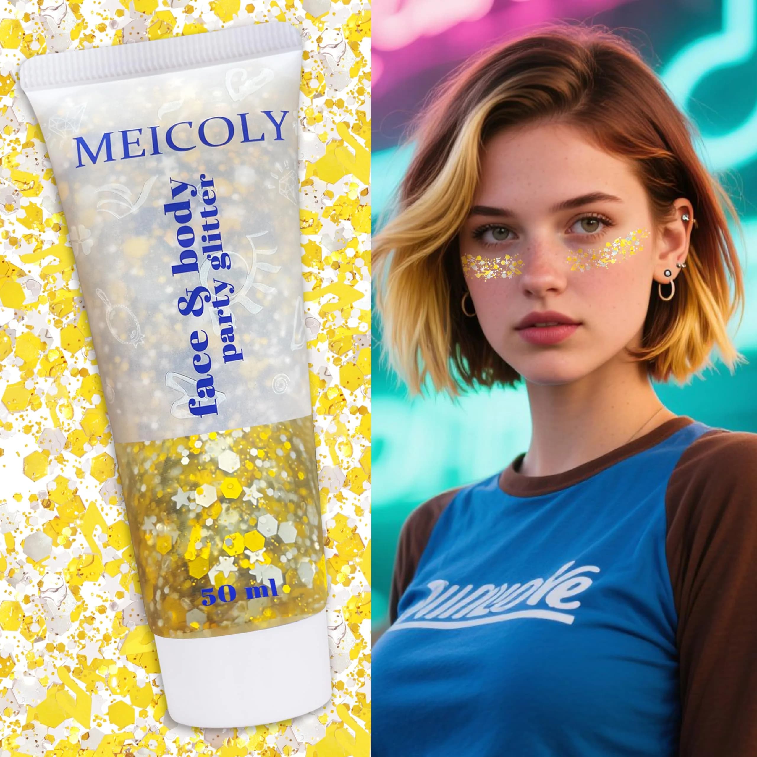 MEICOLY Face Glitter Makeup 50ml (1.76oz) | Holographic Gold Silver Purple Body Glitter for Music Festivals - view 6