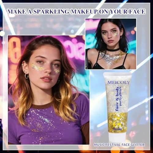 MEICOLY Face Glitter Makeup 50ml (1.76oz) | Holographic Gold Silver Purple Body Glitter for Music Festivals thumbnail 2