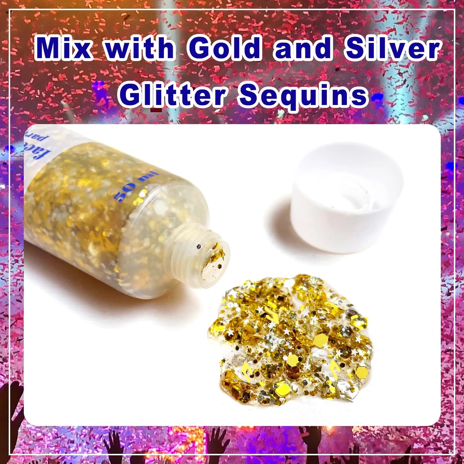 MEICOLY Face Glitter Makeup 50ml (1.76oz) | Holographic Gold Silver Purple Body Glitter for Music Festivals - view 3