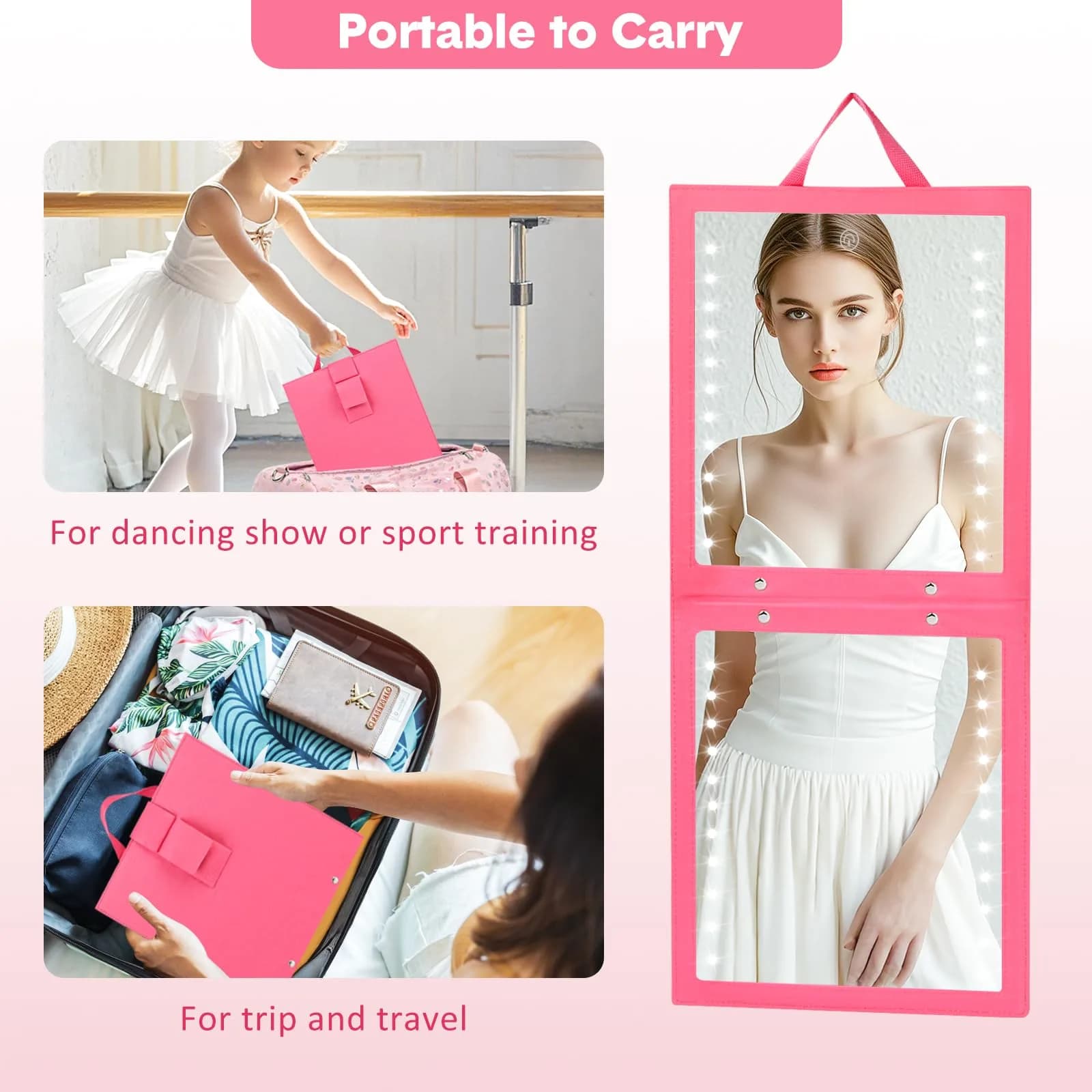 Fabuday Lighted Hanging Mirror for Dance Backstage - Rechargeable Folding LED Full Length Mirror with Lights, Berry (31.3cm H x 29.5cm W x 3.5cm D) - view 5