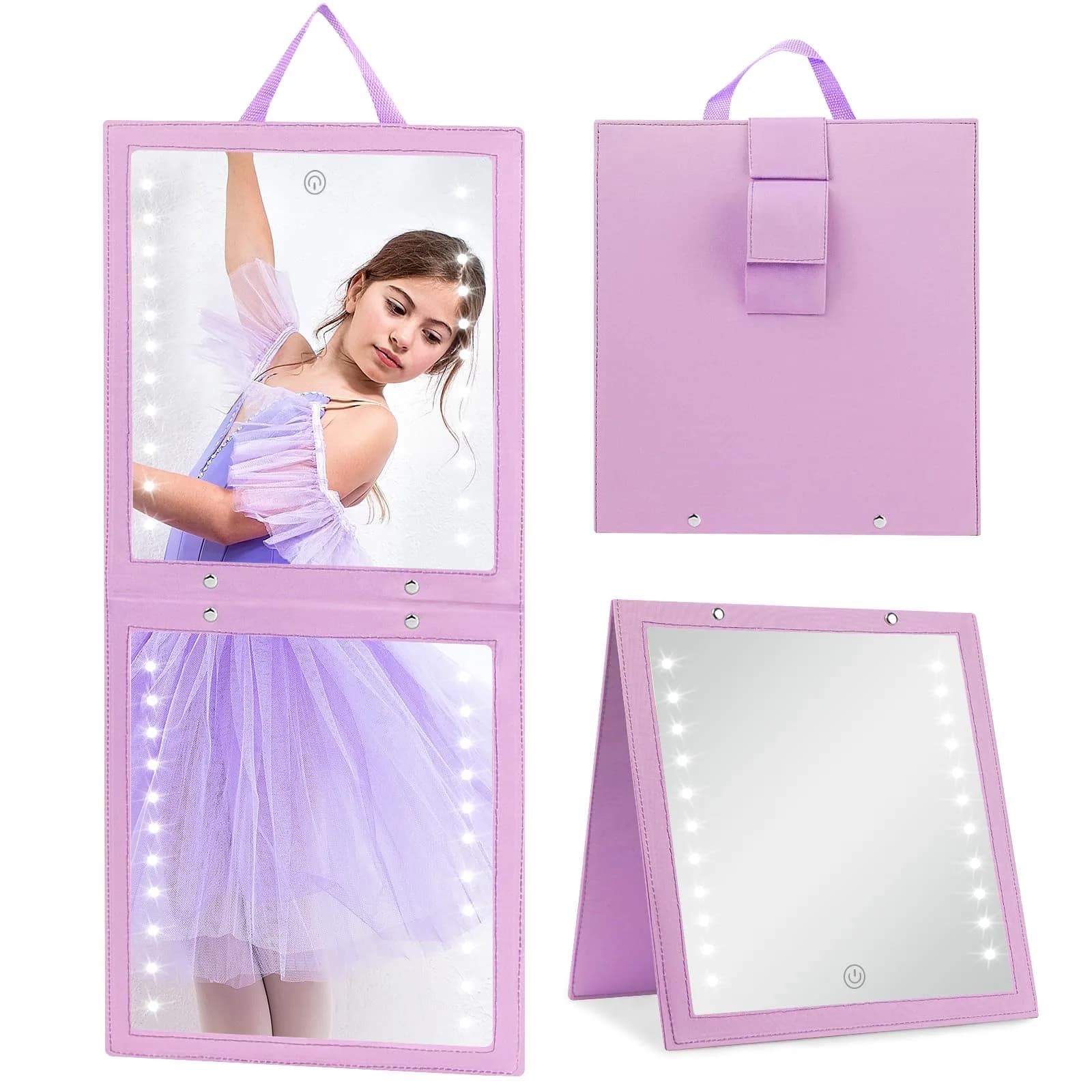 Fabuday Lighted Hanging Mirror for Dance Backstage - Rechargeable Folding LED Full Length Mirror with Lights for Dancers, Portable Foldable Travel Body Mirrors, Brightness Adjustable, Purple (11.5x12.3 inch) - main product image