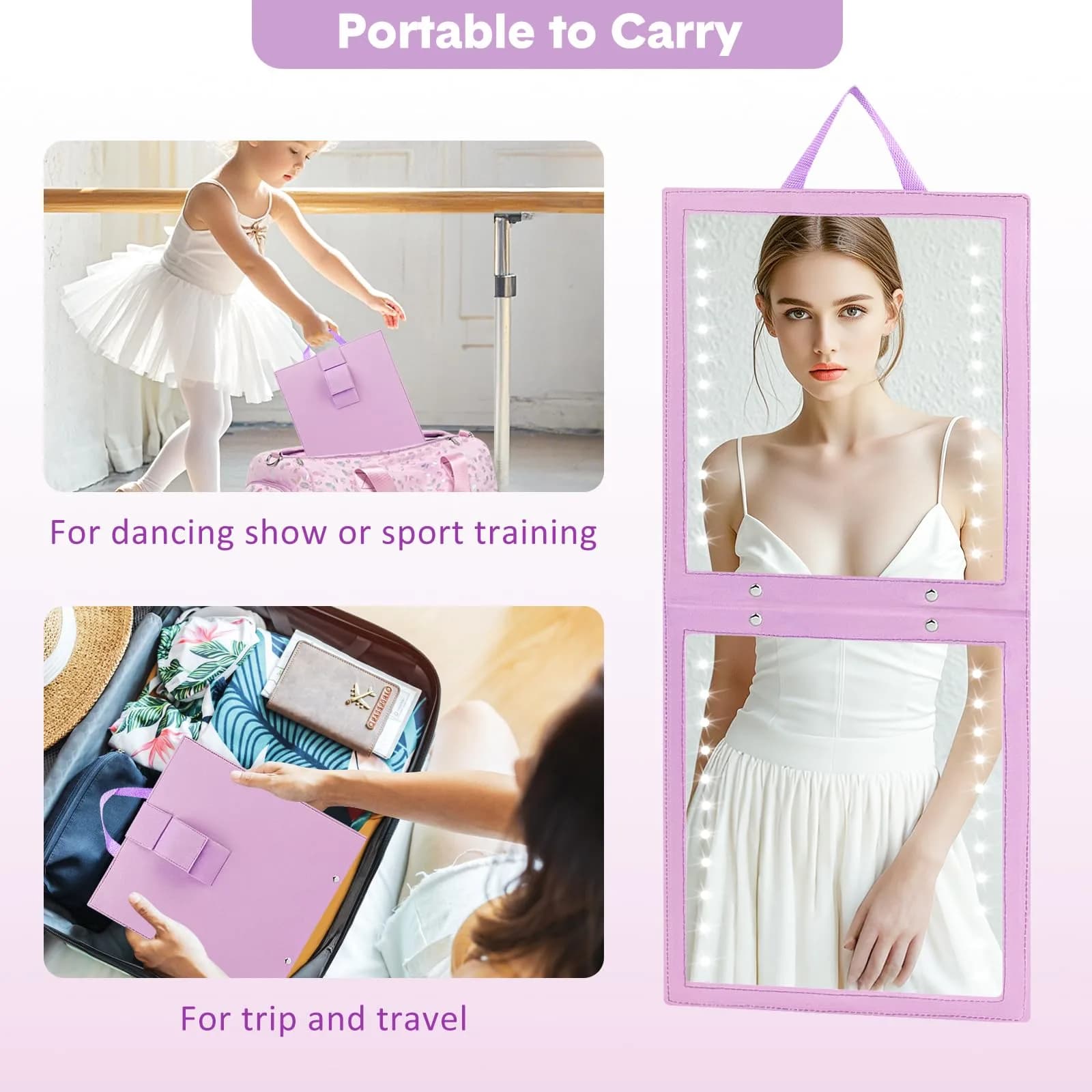 Fabuday Lighted Hanging Mirror for Dance Backstage - Rechargeable Folding LED Full Length Mirror with Lights for Dancers, Portable Foldable Travel Body Mirrors, Brightness Adjustable, Purple (11.5x12.3 inch) - view 5