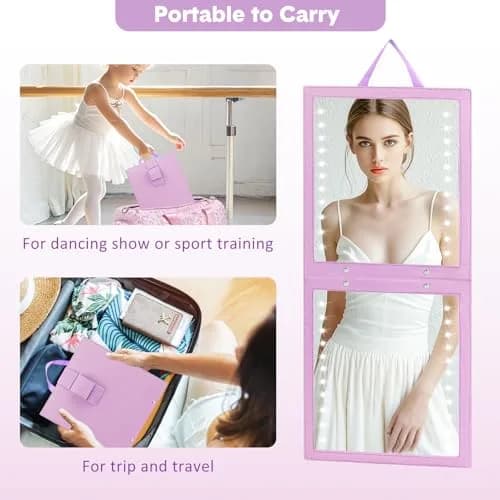 Fabuday Lighted Hanging Mirror for Dance Backstage - Rechargeable Folding LED Full Length Mirror with Lights for Dancers, Portable Foldable Travel Body Mirrors, Brightness Adjustable, Purple (11.5x12.3 inch) thumbnail 5