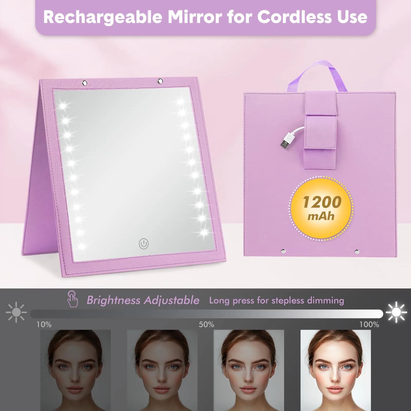 Fabuday Lighted Hanging Mirror for Dance Backstage - Rechargeable Folding LED Full Length Mirror with Lights for Dancers, Portable Foldable Travel Body Mirrors, Brightness Adjustable, Purple (11.5x12.3 inch) - view 6
