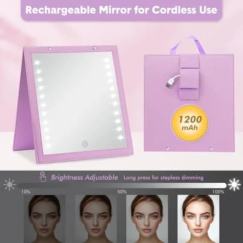 Fabuday Lighted Hanging Mirror for Dance Backstage - Rechargeable Folding LED Full Length Mirror with Lights for Dancers, Portable Foldable Travel Body Mirrors, Brightness Adjustable, Purple (11.5x12.3 inch) thumbnail 6