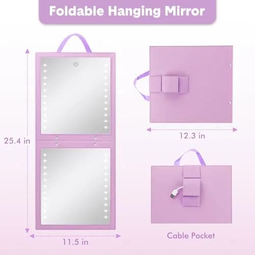 Fabuday Lighted Hanging Mirror for Dance Backstage - Rechargeable Folding LED Full Length Mirror with Lights for Dancers, Portable Foldable Travel Body Mirrors, Brightness Adjustable, Purple (11.5x12.3 inch) thumbnail 7